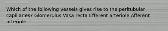 Which of the following vessels gives rise to the peritubular capillaries? Glomerulus Vasa recta Efferent arteriole Afferent arteriole