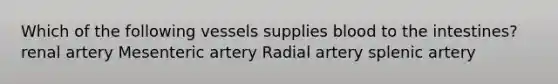 Which of the following vessels supplies blood to the intestines? renal artery Mesenteric artery Radial artery splenic artery