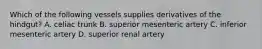 Which of the following vessels supplies derivatives of the hindgut? A. celiac trunk B. superior mesenteric artery C. inferior mesenteric artery D. superior renal artery