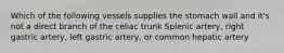 Which of the following vessels supplies the stomach wall and it's not a direct branch of the celiac trunk Splenic artery, right gastric artery, left gastric artery, or common hepatic artery