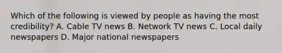 Which of the following is viewed by people as having the most credibility? A. Cable TV news B. Network TV news C. Local daily newspapers D. Major national newspapers