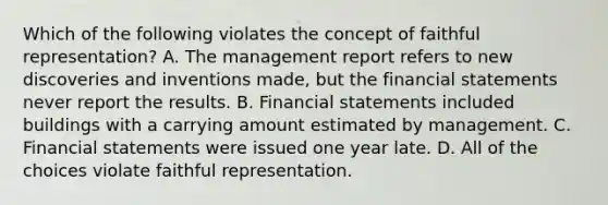 Which of the following violates the concept of faithful representation? A. The management report refers to new discoveries and inventions made, but the <a href='https://www.questionai.com/knowledge/kFBJaQCz4b-financial-statements' class='anchor-knowledge'>financial statements</a> never report the results. B. Financial statements included buildings with a carrying amount estimated by management. C. Financial statements were issued one year late. D. All of the choices violate faithful representation.