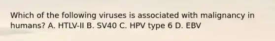 Which of the following viruses is associated with malignancy in humans? A. HTLV-II B. SV40 C. HPV type 6 D. EBV