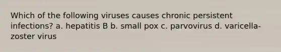 Which of the following viruses causes chronic persistent infections? a. hepatitis B b. small pox c. parvovirus d. varicella-zoster virus