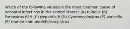 Which of the following viruses is the most common cause of neonatal infections in the United States? (A) Rubella (B) Parvovirus B19 (C) Hepatitis B (D) Cytomegalovirus (E) Varicella (F) Human immunodeficiency virus