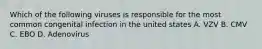 Which of the following viruses is responsible for the most common congenital infection in the united states A. VZV B. CMV C. EBO D. Adenovirus
