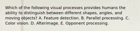 Which of the following visual processes provides humans the ability to distinguish between different shapes, angles, and moving objects? A. Feature detection. B. Parallel processing. C. Color vision. D. Afterimage. E. Opponent processing.