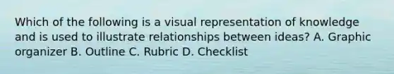 Which of the following is a visual representation of knowledge and is used to illustrate relationships between ideas? A. Graphic organizer B. Outline C. Rubric D. Checklist