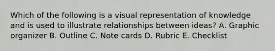 Which of the following is a visual representation of knowledge and is used to illustrate relationships between ideas? A. Graphic organizer B. Outline C. Note cards D. Rubric E. Checklist