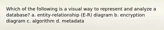 Which of the following is a visual way to represent and analyze a database? a. entity-relationship (E-R) diagram b. encryption diagram c. algorithm d. metadata