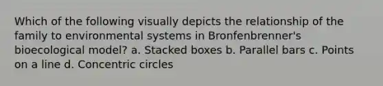 Which of the following visually depicts the relationship of the family to environmental systems in Bronfenbrenner's bioecological model? a. Stacked boxes b. Parallel bars c. Points on a line d. <a href='https://www.questionai.com/knowledge/kyLzXa957r-concentric-circles' class='anchor-knowledge'>concentric circles</a>