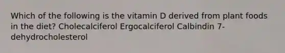 Which of the following is the vitamin D derived from plant foods in the diet? Cholecalciferol Ergocalciferol Calbindin 7-dehydrocholesterol