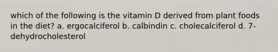 which of the following is the vitamin D derived from plant foods in the diet? a. ergocalciferol b. calbindin c. cholecalciferol d. 7-dehydrocholesterol