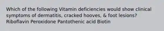 Which of the following Vitamin deficiencies would show clinical symptoms of dermatitis, cracked hooves, & foot lesions? Riboflavin Peroxidone Pantothenic acid Biotin