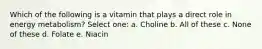 Which of the following is a vitamin that plays a direct role in energy metabolism? Select one: a. Choline b. All of these c. None of these d. Folate e. Niacin