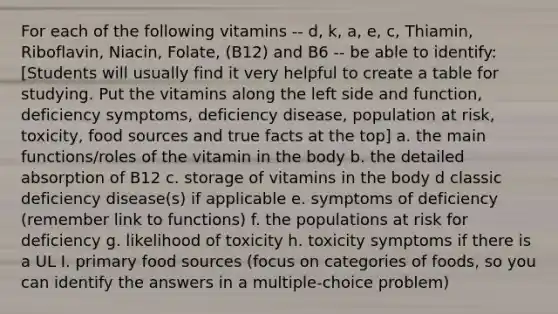 For each of the following vitamins -- d, k, a, e, c, Thiamin, Riboflavin, Niacin, Folate, (B12) and B6 -- be able to identify: [Students will usually find it very helpful to create a table for studying. Put the vitamins along the left side and function, deficiency symptoms, deficiency disease, population at risk, toxicity, food sources and true facts at the top] a. the main functions/roles of the vitamin in the body b. the detailed absorption of B12 c. storage of vitamins in the body d classic deficiency disease(s) if applicable e. symptoms of deficiency (remember link to functions) f. the populations at risk for deficiency g. likelihood of toxicity h. toxicity symptoms if there is a UL I. primary food sources (focus on categories of foods, so you can identify the answers in a multiple-choice problem)