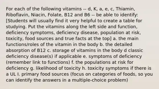 For each of the following vitamins -- d, K, a, e, c, Thiamin, Riboflavin, Niacin, Folate, B12 and B6 -- be able to identify: [Students will usually find it very helpful to create a table for studying. Put the vitamins along the left side and function, deficiency symptoms, deficiency disease, population at risk, toxicity, food sources and true facts at the top] a. the main functions/roles of the vitamin in the body b. the detailed absorption of B12 c. storage of vitamins in the body d classic deficiency disease(s) if applicable e. symptoms of deficiency (remember link to functions) f. the populations at risk for deficiency g. likelihood of toxicity h. toxicity symptoms if there is a UL I. primary food sources (focus on categories of foods, so you can identify the answers in a multiple-choice problem)