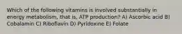 Which of the following vitamins is involved substantially in energy metabolism, that is, ATP production? A) Ascorbic acid B) Cobalamin C) Riboflavin D) Pyridoxine E) Folate