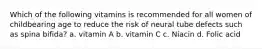 Which of the following vitamins is recommended for all women of childbearing age to reduce the risk of neural tube defects such as spina bifida? a. vitamin A b. vitamin C c. Niacin d. Folic acid