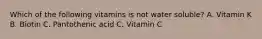 Which of the following vitamins is not water soluble? A. Vitamin K B. Biotin C. Pantothenic acid C. Vitamin C