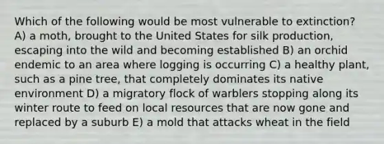 Which of the following would be most vulnerable to extinction? A) a moth, brought to the United States for silk production, escaping into the wild and becoming established B) an orchid endemic to an area where logging is occurring C) a healthy plant, such as a pine tree, that completely dominates its native environment D) a migratory flock of warblers stopping along its winter route to feed on local resources that are now gone and replaced by a suburb E) a mold that attacks wheat in the field