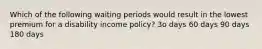 Which of the following waiting periods would result in the lowest premium for a disability income policy? 3o days 60 days 90 days 180 days