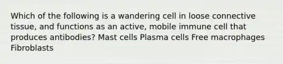 Which of the following is a wandering cell in loose connective tissue, and functions as an active, mobile immune cell that produces antibodies? Mast cells Plasma cells Free macrophages Fibroblasts