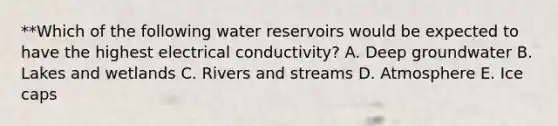 **Which of the following water reservoirs would be expected to have the highest electrical conductivity? A. Deep groundwater B. Lakes and wetlands C. Rivers and streams D. Atmosphere E. Ice caps