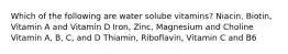 Which of the following are water solube vitamins? Niacin, Biotin, Vitamin A and Vitamin D Iron, Zinc, Magnesium and Choline Vitamin A, B, C, and D Thiamin, Riboflavin, Vitamin C and B6