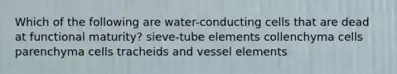 Which of the following are water-conducting cells that are dead at functional maturity? sieve-tube elements collenchyma cells parenchyma cells tracheids and vessel elements