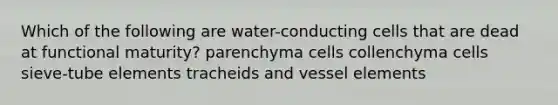 Which of the following are water-conducting cells that are dead at functional maturity? parenchyma cells collenchyma cells sieve-tube elements tracheids and vessel elements