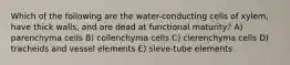 Which of the following are the water-conducting cells of xylem, have thick walls, and are dead at functional maturity? A) parenchyma cells B) collenchyma cells C) clerenchyma cells D) tracheids and vessel elements E) sieve-tube elements