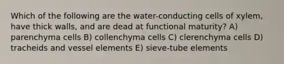 Which of the following are the water-conducting cells of xylem, have thick walls, and are dead at functional maturity? A) parenchyma cells B) collenchyma cells C) clerenchyma cells D) tracheids and vessel elements E) sieve-tube elements