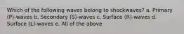 Which of the following waves belong to shockwaves? a. Primary (P)-waves b. Secondary (S)-waves c. Surface (R)-waves d. Surface (L)-waves e. All of the above