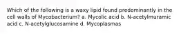 Which of the following is a waxy lipid found predominantly in the cell walls of Mycobacterium? a. Mycolic acid b. N-acetylmuramic acid c. N-acetylglucosamine d. Mycoplasmas