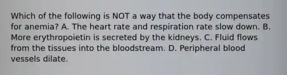 Which of the following is NOT a way that the body compensates for anemia? A. The heart rate and respiration rate slow down. B. More erythropoietin is secreted by the kidneys. C. Fluid flows from the tissues into the bloodstream. D. Peripheral blood vessels dilate.