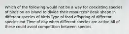 Which of the following would not be a way for coexisting species of birds on an island to divide their resources? Beak shape in different species of birds Type of food offspring of different species eat Time of day when different species are active All of these could avoid competition between species