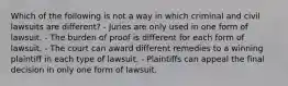 Which of the following is not a way in which criminal and civil lawsuits are different? - Juries are only used in one form of lawsuit. - The burden of proof is different for each form of lawsuit. - The court can award different remedies to a winning plaintiff in each type of lawsuit. - Plaintiffs can appeal the final decision in only one form of lawsuit.