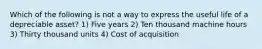 Which of the following is not a way to express the useful life of a depreciable asset? 1) Five years 2) Ten thousand machine hours 3) Thirty thousand units 4) Cost of acquisition