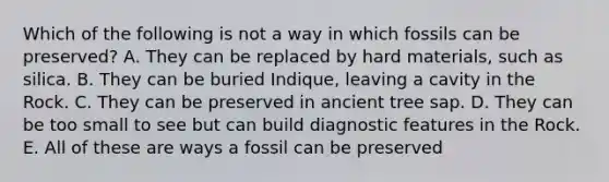 Which of the following is not a way in which fossils can be preserved? A. They can be replaced by hard materials, such as silica. B. They can be buried Indique, leaving a cavity in the Rock. C. They can be preserved in ancient tree sap. D. They can be too small to see but can build diagnostic features in the Rock. E. All of these are ways a fossil can be preserved