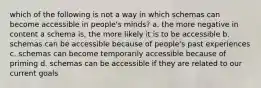 which of the following is not a way in which schemas can become accessible in people's minds? a. the more negative in content a schema is, the more likely it is to be accessible b. schemas can be accessible because of people's past experiences c. schemas can become temporarily accessible because of priming d. schemas can be accessible if they are related to our current goals