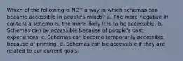 Which of the following is NOT a way in which schemas can become accessible in people's minds? a. The more negative in content a schema is, the more likely it is to be accessible. b. Schemas can be accessible because of people's past experiences. c. Schemas can become temporarily accessible because of priming. d. Schemas can be accessible if they are related to our current goals.