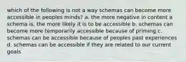 which of the following is not a way schemas can become more accessible in peoples minds? a. the more negative in content a schema is, the more likely it is to be accessible b. schemas can become more temporarily accessible because of priming c. schemas can be accessible because of peoples past experiences d. schemas can be accessible if they are related to our current goals