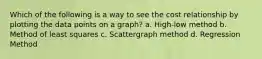 Which of the following is a way to see the cost relationship by plotting the data points on a graph? a. High-low method b. Method of least squares c. Scattergraph method d. Regression Method