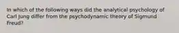 In which of the following ways did the analytical psychology of Carl Jung differ from the psychodynamic theory of Sigmund Freud?