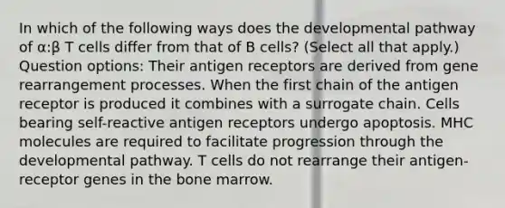 In which of the following ways does the developmental pathway of α:β T cells differ from that of B cells? (Select all that apply.) Question options: Their antigen receptors are derived from gene rearrangement processes. When the first chain of the antigen receptor is produced it combines with a surrogate chain. Cells bearing self-reactive antigen receptors undergo apoptosis. MHC molecules are required to facilitate progression through the developmental pathway. T cells do not rearrange their antigen-receptor genes in the bone marrow.