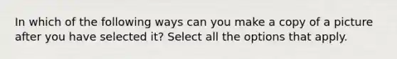 In which of the following ways can you make a copy of a picture after you have selected it? Select all the options that apply.