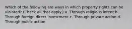 Which of the following are ways in which property rights can be violated? (Check all that apply.) a. Through religious intent b. Through foreign direct investment c. Through private action d. Through public action