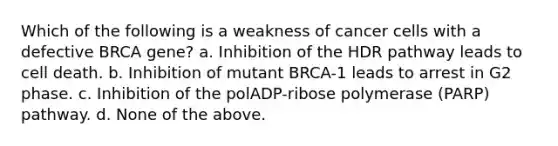 Which of the following is a weakness of cancer cells with a defective BRCA gene? a. Inhibition of the HDR pathway leads to cell death. b. Inhibition of mutant BRCA-1 leads to arrest in G2 phase. c. Inhibition of the polADP-ribose polymerase (PARP) pathway. d. None of the above.