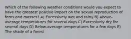 Which of the following weather conditions would you expect to have the greatest positive impact on the sexual reproduction of ferns and mosses? A) Excessively wet and rainy B) Above-average temperatures for several days C) Excessively dry for several days D) Below-average temperatures for a few days E) The shade of a forest